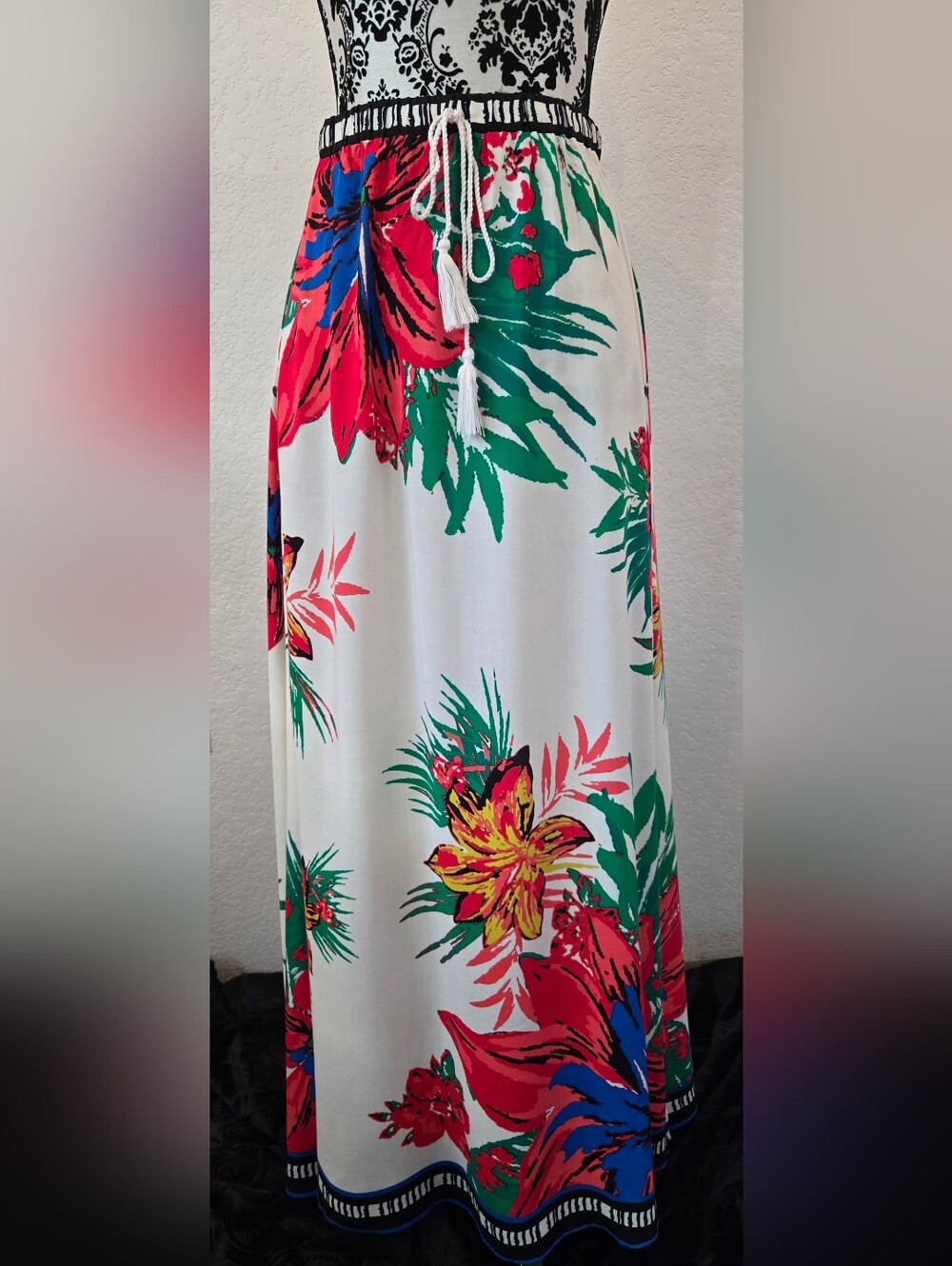 Free Market Floral Tie-Waist Maxi Skirt in White with Red & Green Print